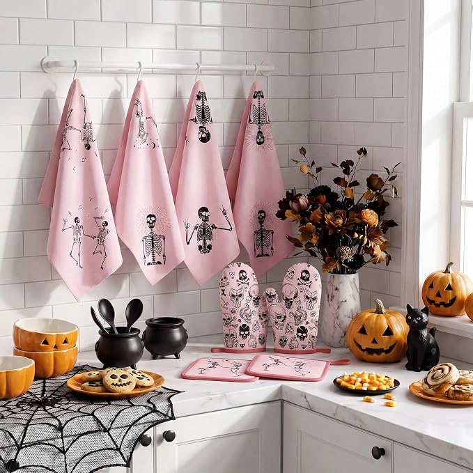 Leinuosen 8 Pcs Skull Kitchen Decor Set Kitchen Towels Gothic Oven Mitts and - Image 7