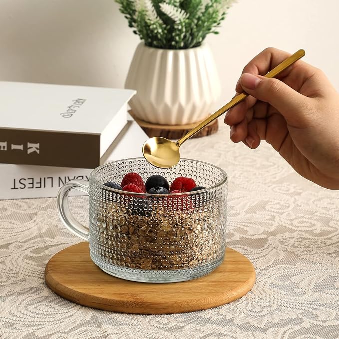Vintage Coffee Mugs, Overnight Oats Containers - 14oz Clear Embossed Glass Cups - Image 4