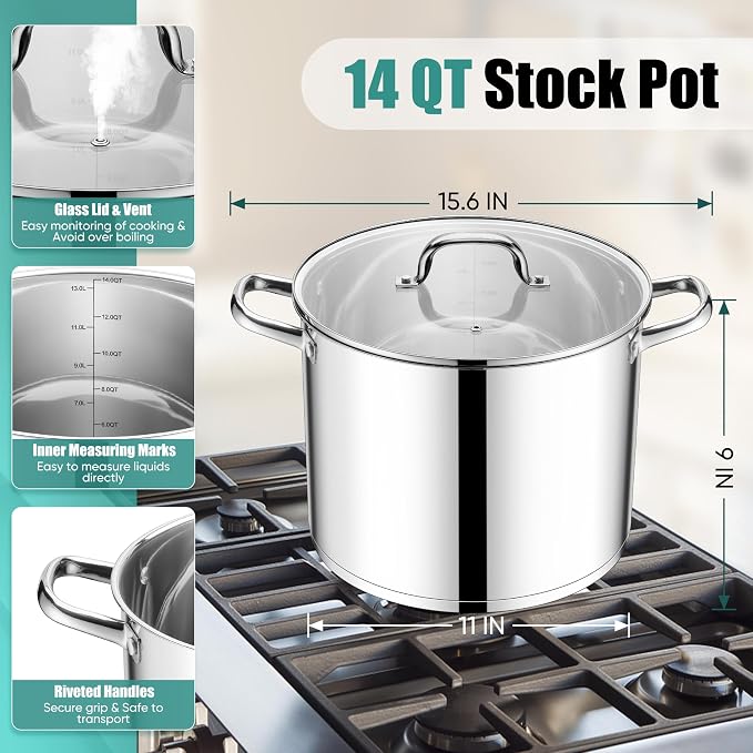 E-far 14 Quart Stainless Steel Stock Pot, Heavy Duty Induction Stockpot - Image 2