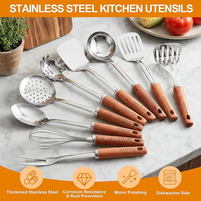 9PCS 18/8 Stainless Steel Kitchen Utensils Set, Heavy Duty Wooden Handle - Image 7