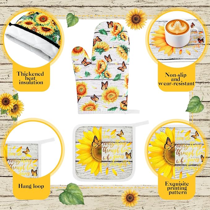 Fourluoo 10 Pcs Sunflower Kitchen Decor Set Butterfly Towels and Rugs Oven - Image 4