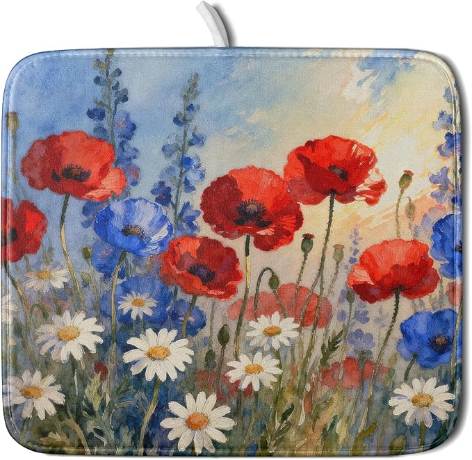 4th of July Dish Drying Mat for Kitchen Counter 16x18 Patriotic Floral - Image 4