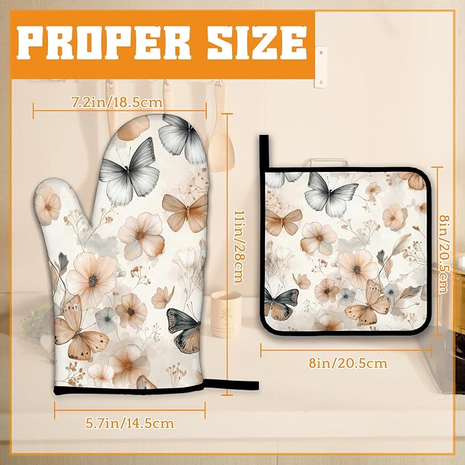 Butterfly Oven Mitts and Pot Holders, Boho Floral Flower Heat Resistant Oven - Image 2
