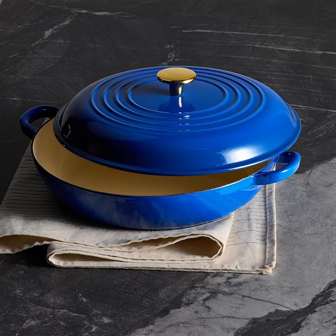 CAROTE 3.4QT Enameled Cast Iron Braiser Pan, Shallow Dutch Oven Casserole - Image 5