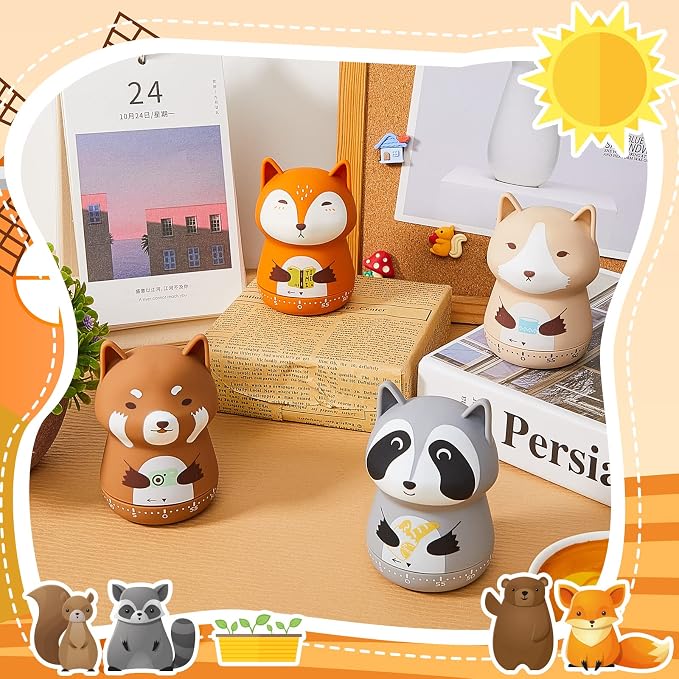 Amylove 4 Pieces Cute Kitchen Timer Animal Mechanical Manual Fox Raccoon Bear - Image 5