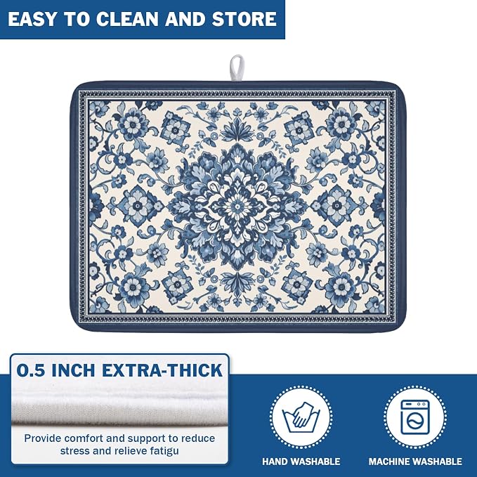 Blue Floral Dish Drying Mat for Kitchen Counter Vintage Flower Pattern - Image 4