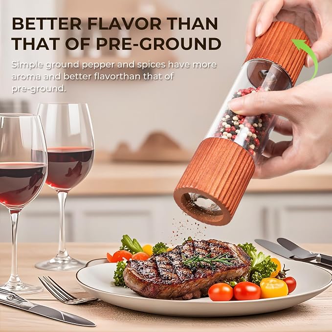 Acacia Wooden Salt and Pepper Grinder Set, 8 Inches Refillable Salt and Pepper - Image 6