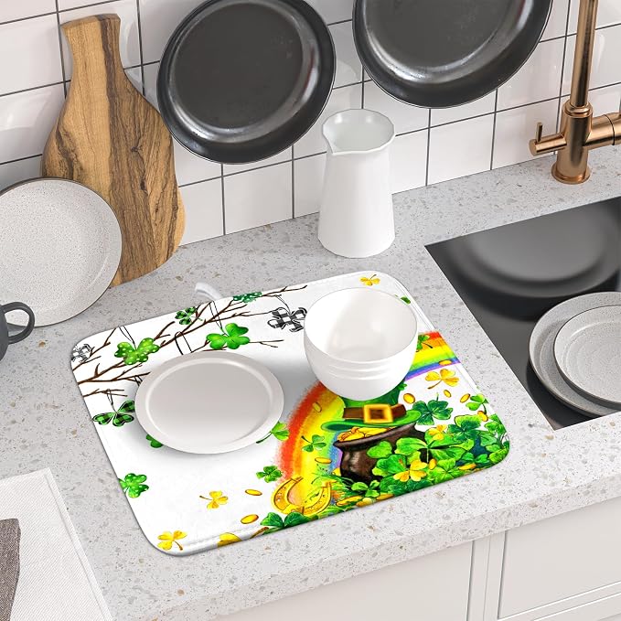 Giwawa St Patrick Dish Drying Mat Small Lucky Clover Tree Shamrock Dish Drainer - Image 6