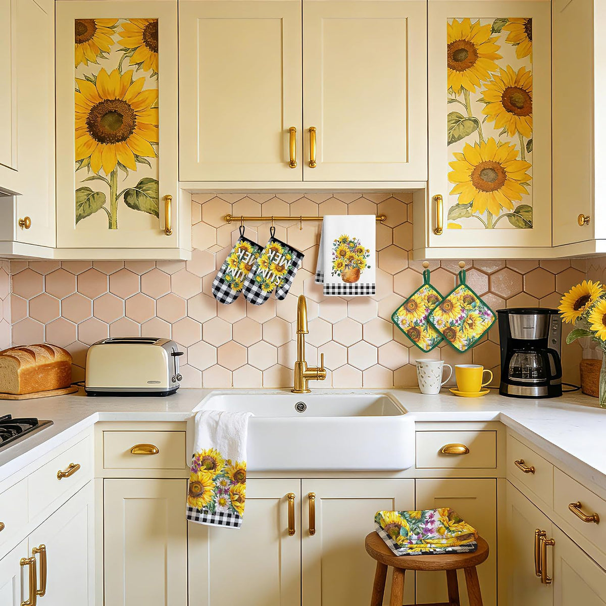 10 PCS Sunflower Plaid Kitchen Decor and Accessories - Sets 4 Kitchen