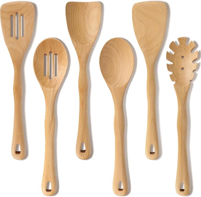Wooden Spatula Set, 6 Pack Kitchen Wood Slotted Spoon Spatulas Turner Utensils by Thimmamma