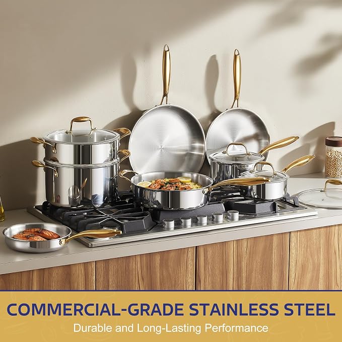 Triple Ply Stainless Steel Pots and Pans Set, EWFEN 12 Piece Induction Cookware - Image 6