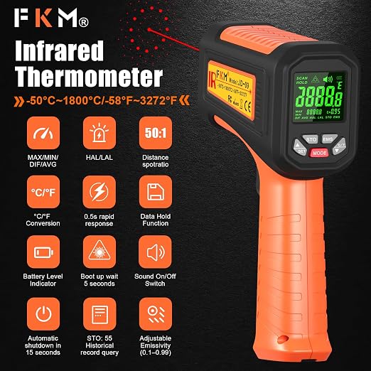50:1-58°F ~3272°F FKM Infrared Thermometer High Temperature Gun, Non Contact - Image 2