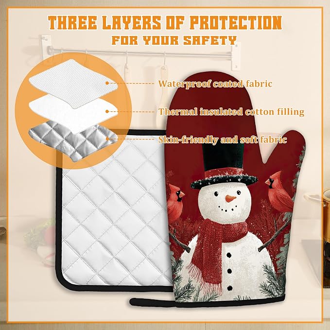 Christmas Snowman Oven Mitts and Pot Holders, Cardinal Heat Resistant Oven - Image 3