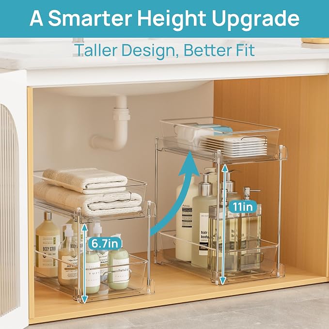 Vtopmart 2 Pack Higher Bathroom Organizer, 2 Tier White Under Sink Organizers - Image 3
