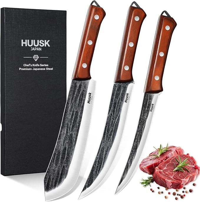 Huusk Butcher Knife Set for Meat Cutting, Hand-forged Kitchen Knive Set by HuuskKnife