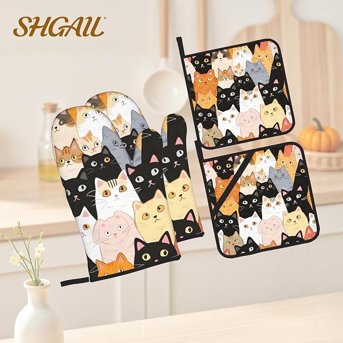 Cute Cats Oven Mitts with Matching Potholders - Image 2