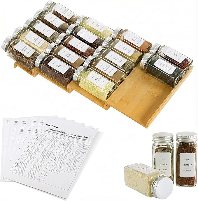 Spice Drawer Organizer with 18 Spice Jars, 216 Labels, 25 Non-slip Rubber by KitHero