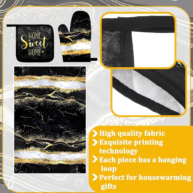 Leinuosen 8 Pcs Black Marble Kitchen Decor Dish Towels and Oven Mitts Sets Pot - Image 5
