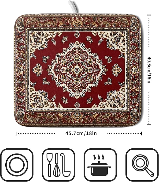 Giwawa Vintage Boho Dish Drying Mat Antique Tribal Rustic Red Floral Dish - Image 2