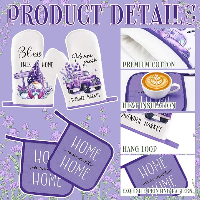 Fourluoo 10 Pcs Lavender Kitchen Decor Set Lavender Kitchen Towels Rugs Oven - Image 6