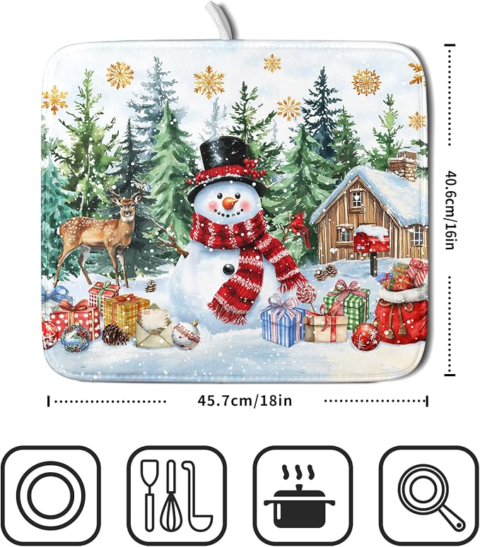 Christmas Kitchen Drying Mat 16 x 18 Inch Winter Snowflake Drying Pad Snowman - Image 2