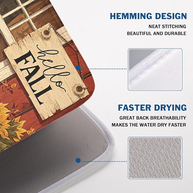Fall Dish Drying Mat for Kitchen Counter Vintage Autumn Cat Sunflower Pumpkin - Image 4