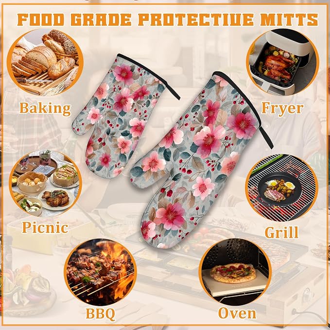 Vintage Pink Cherry Blossoms Oven Mitts and Pot Holders, Heat Resistant Oven - Image 5