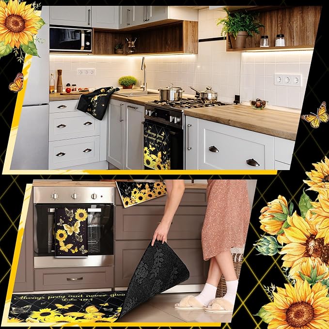 Fourluoo 10 Pcs Sunflower Butterfly Kitchen Dish Towels Rugs Oven Mitts and Pot - Image 6