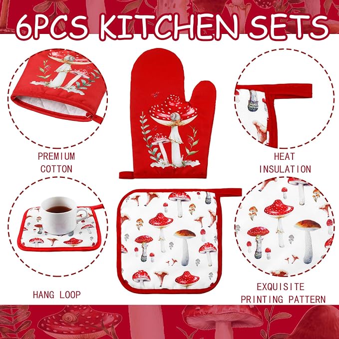 Bencailor 6 Pcs Mushroom Kitchen Towels Oven Mitts and Pot Holders Decorative - Image 5