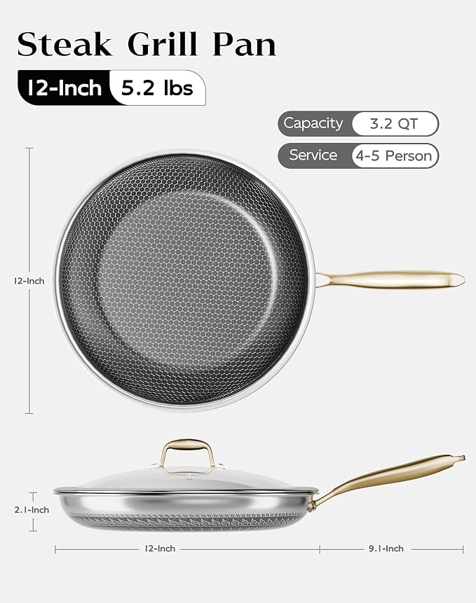 Nonstick Frying Pan with Lid 12-Inch, Durable Stainless Steel Skillet, - Image 2