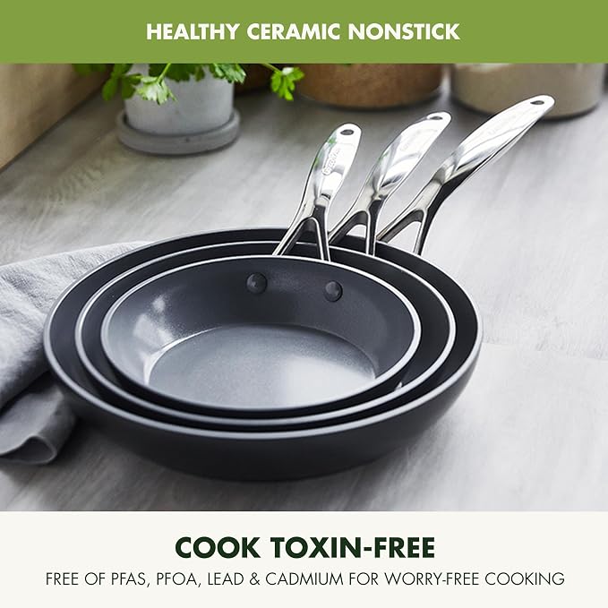 GreenPan Valencia Pro Ceramic Nonstick 8" 9.5" & 11" Fry Pan Skillet Set - Image 3