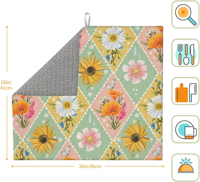 Daisy Flowers Dish Drying Mat 16x18 Inch, Microfiber Absorbent Fast Dry Mat - Image 2