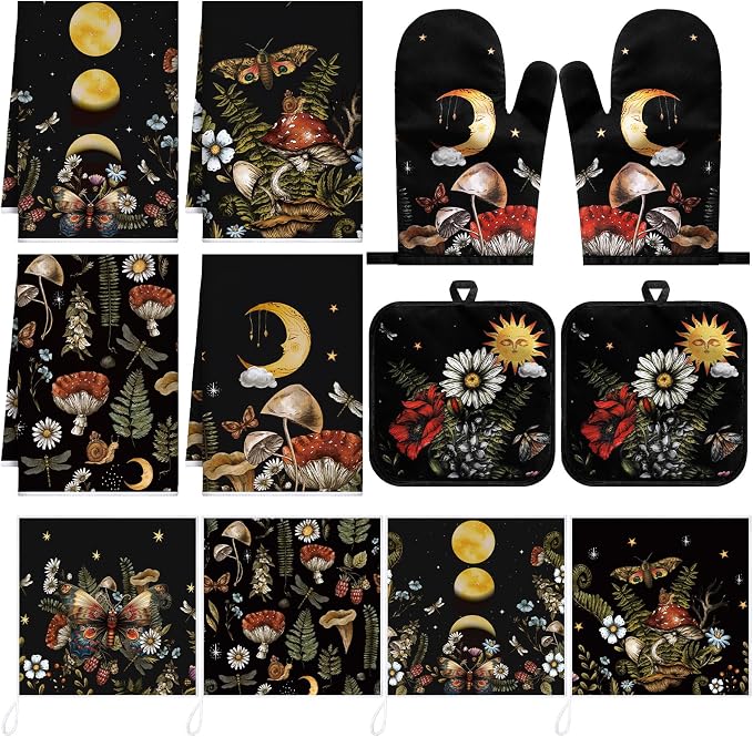 12 Pcs Black Witchy Kitchen Decor Set 4 Mushroom Kitchentowels 4 Absorbent by Bencailor