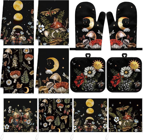 12 Pcs Black Witchy Kitchen Decor Set 4 Mushroom Kitchentowels 4 Absorbent by Bencailor