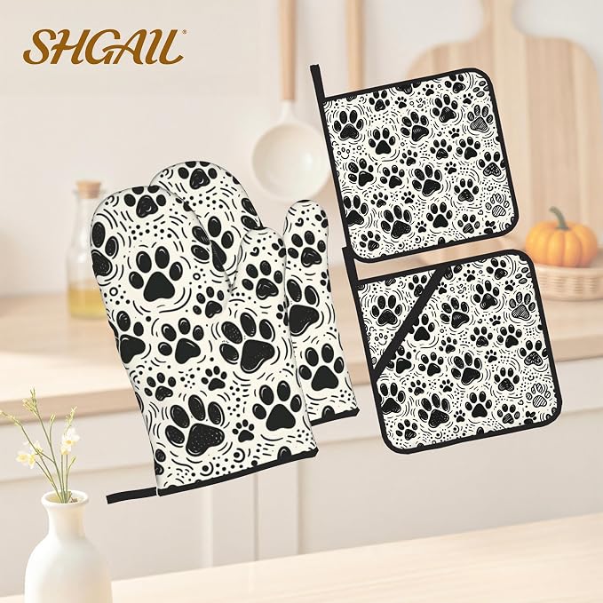 Black White Paw Oven Mitts & Potholder Set of 4 - Image 2
