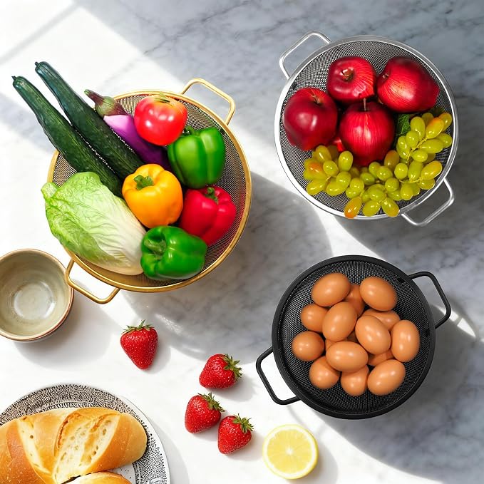 3PCS Three Colors Mix Colander Set, 3QT Black & 4QT Silver & 5QT Gold, - Image 2