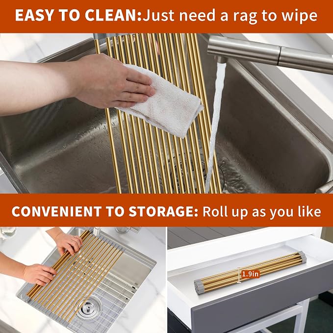 Golden Roll-UP Dish Drying Rack-Large Stainless Steel Dish Drainer Over The Sink - Image 5