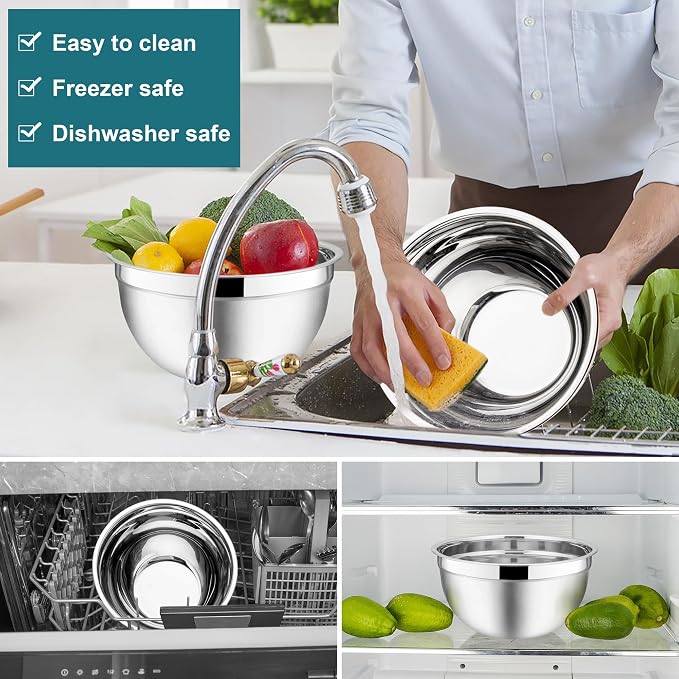 E-far Mixing Bowls with Lids, 6-Piece Stainless Steel Salad Bowls Metal Nesting - Image 6