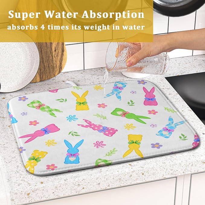 Easter Dish Drying Mat for Kitchen Counter Cute Bunny Floral Holiday Microfiber - Image 7