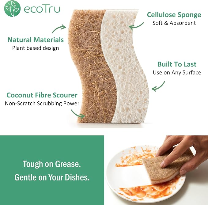 6 Pack Natural Kitchen Sponges, Compostable White Cellulose & Organic Coconut - Image 2
