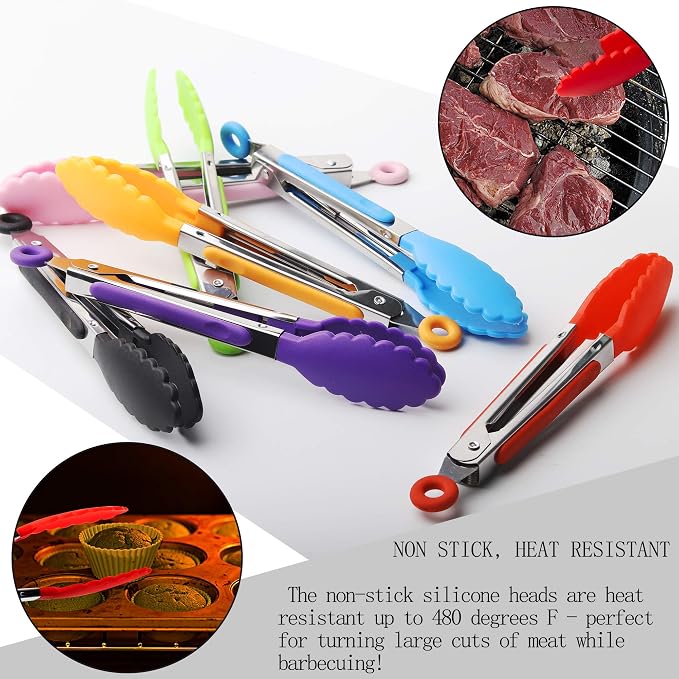 7 Pack Kitchen Tongs Set 7-Inch Color Mini Small Food Tongs - Image 2