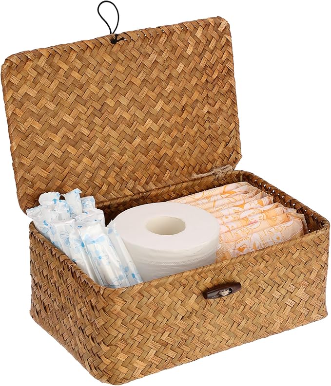 Sumnacon Wicker Basket with Lid Rectangle Woven Baskets by Sumnacon