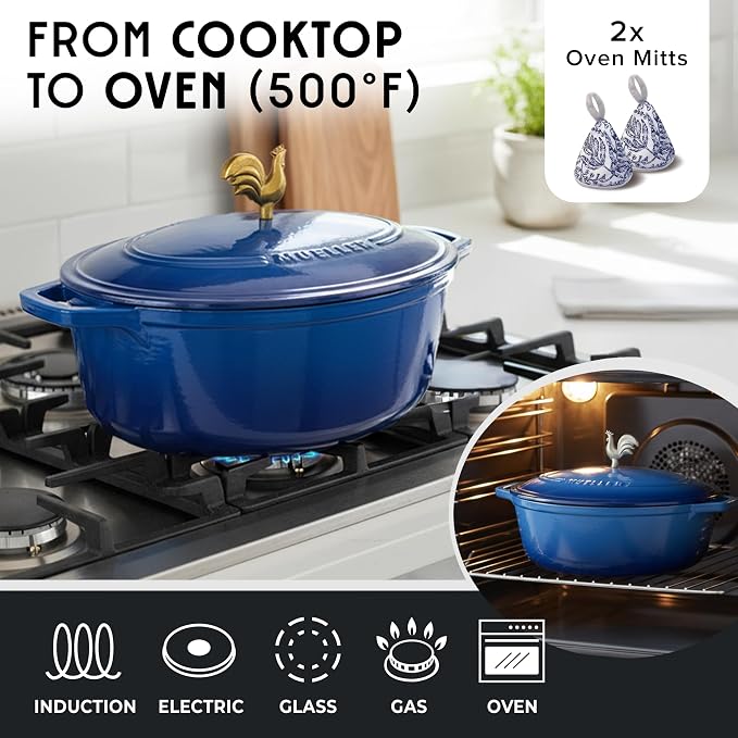 MUELLER HOME 5.5 Quart Enameled Cast Iron Oval Dutch Oven w Rooster Knob & - Image 4