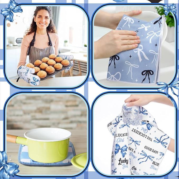 Fourluoo 10 Pcs Blue Bow Kitchen Decor Set Dish Towels Kitchen Rugs Oven Mitts - Image 6