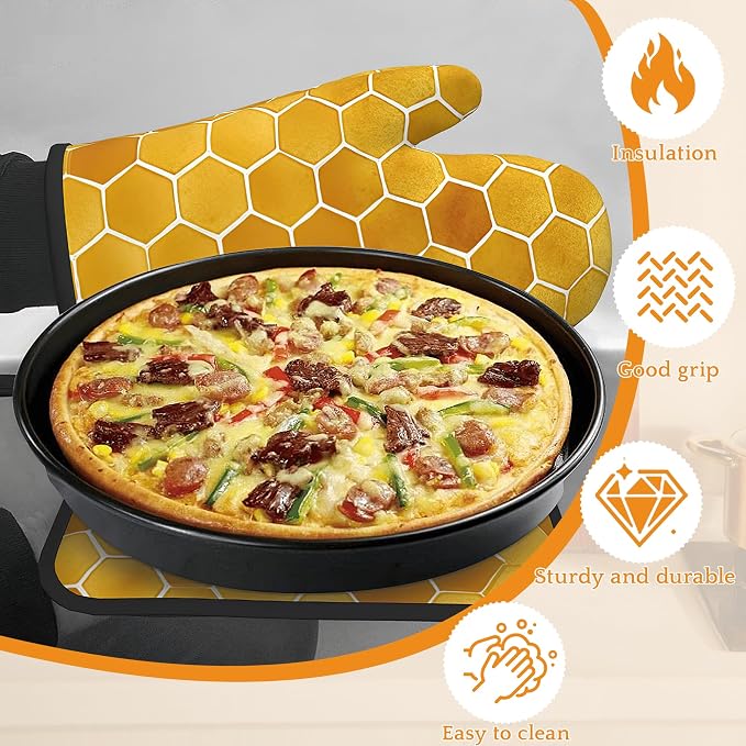 Honeycomb Oven Mitts and Pot Holders Set, Bee Kitchen Decor Heat Resistant Non - Image 4