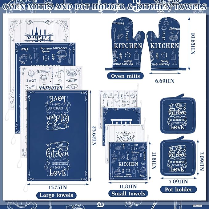 12 Pcs Farmhouse Kitchen Oven Mitts and Pot Holders Decor Sets 4 Blue Kitchen - Image 3
