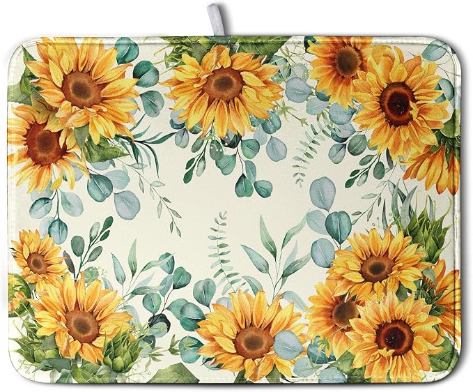 Sunflowers Dish Drying Mat for Kitchen Counter Yellow Flower Green Leaves Dish by Kwlegh
