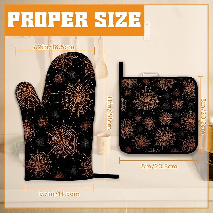 Halloween Oven Mitts and Pot Holders Set, Spider Web Kitchen Decor Heat - Image 2