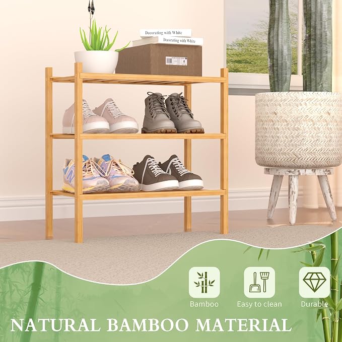 ROMGUAR CRAFT 3-Tier Bamboo Small Shoe Rack, Free Standing Wood Shoe Shelf - Image 4