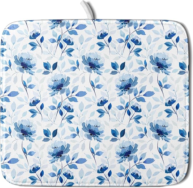 Blue Floral Dish Drying Mat 16x18 inch Flower Leaves Dish Rack Pad Microfiber by Giwawa